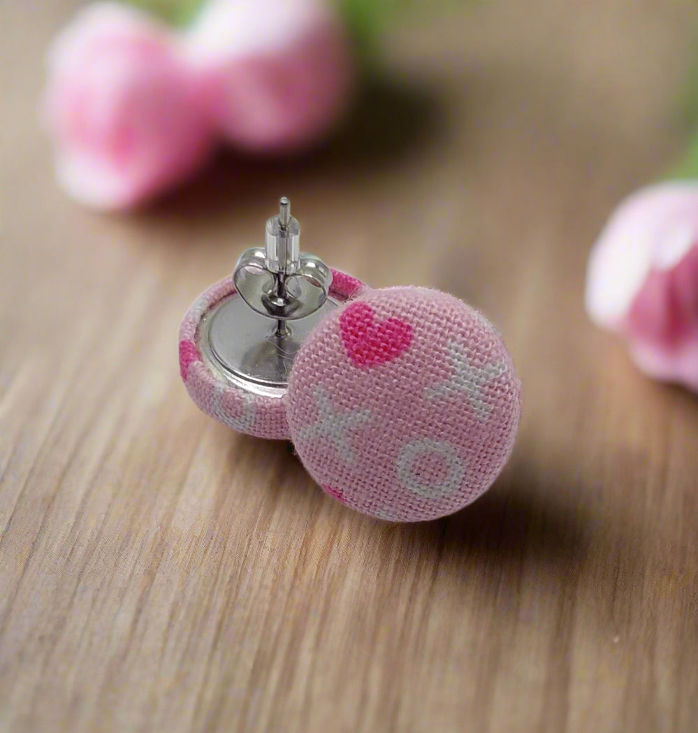 XOXO Pink Fabric Button Earrings