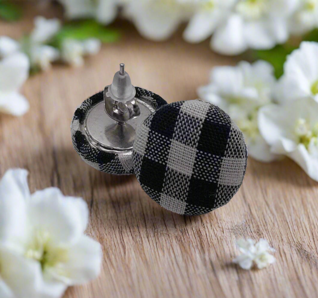 Black & White Plaid Fabric Button Earrings