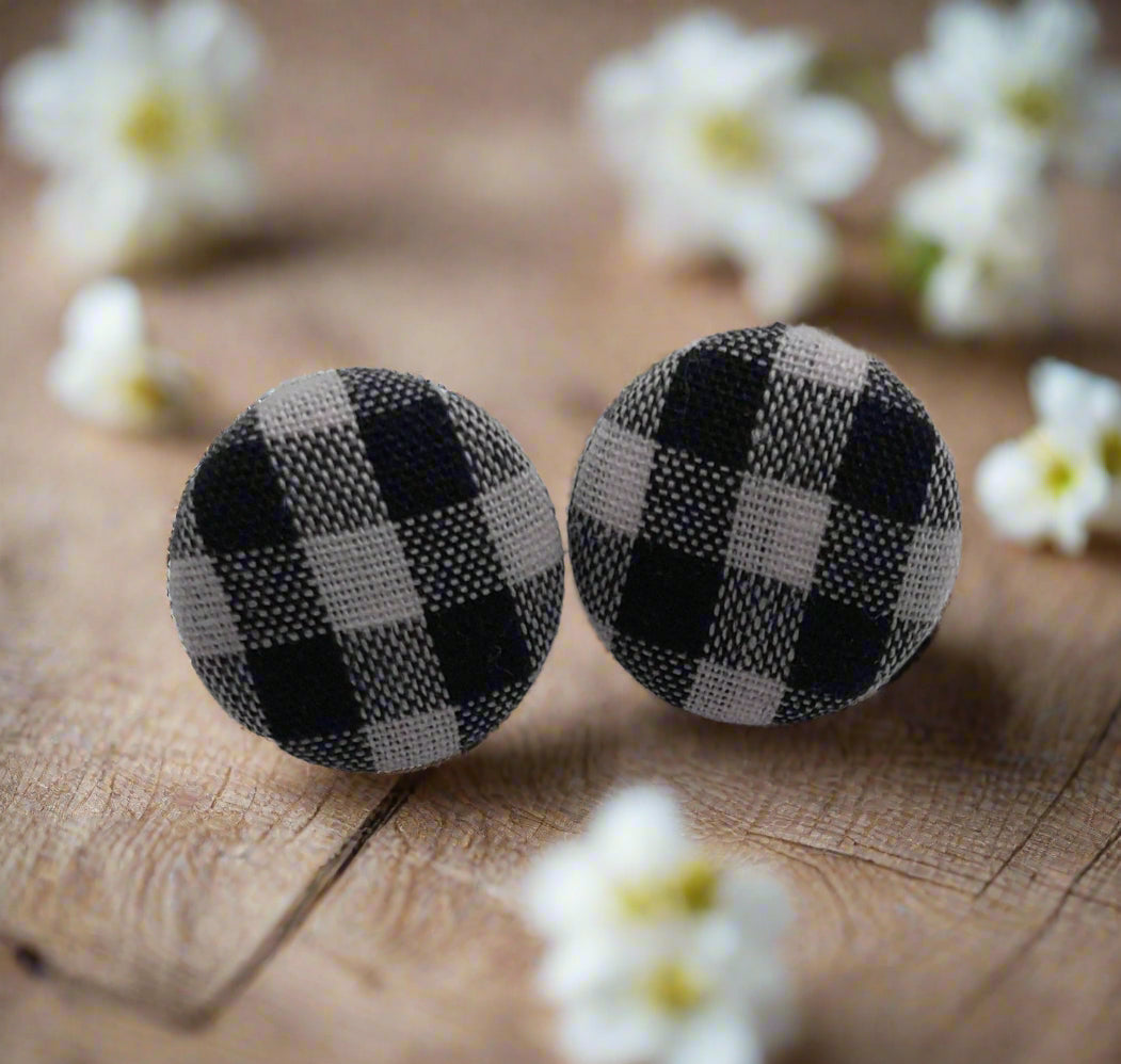 Black & White Plaid Fabric Button Earrings