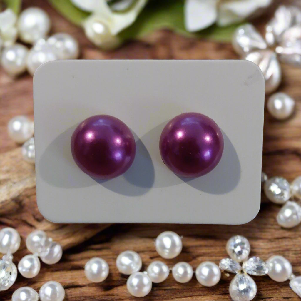 Purple Half Round Imitation Pearl Earrings (10mm)