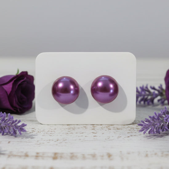 Purple Half Round Imitation Pearl Earrings (10mm)
