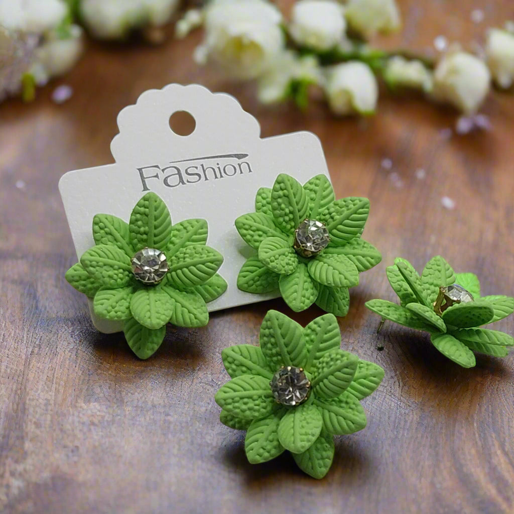 Green Metal Flower Earrings with Rhinestone (28mm)