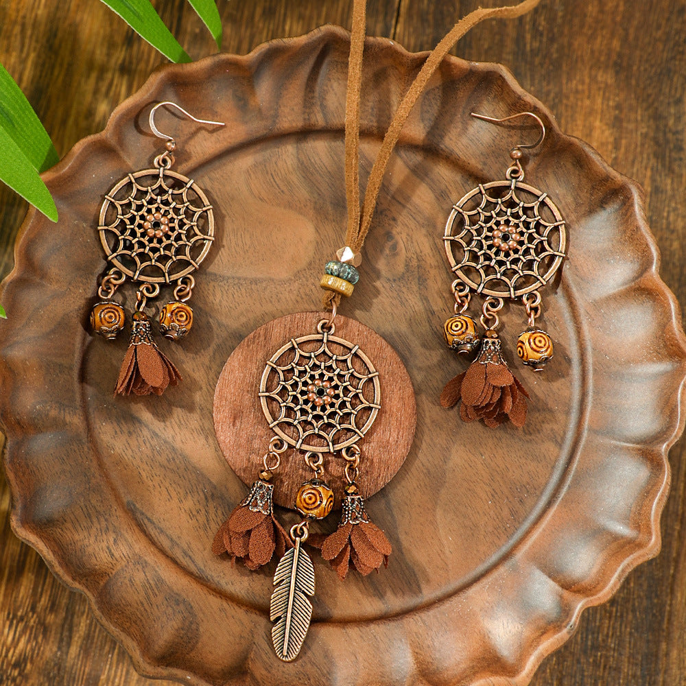 Bohemian Style Alloy, Wood, Leather Necklace & Earrings Set (Flower & Feather)