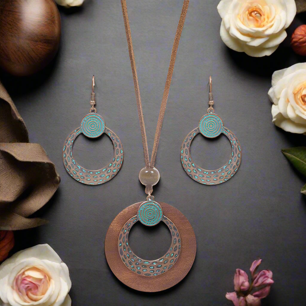 Bohemian Style Copper & Wood Ring Dangle Earrings & Necklaces Set