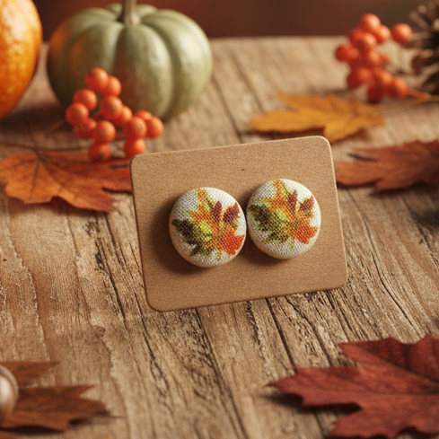 Autumn Leaves Fabric Button Stud Earrings (13mm)