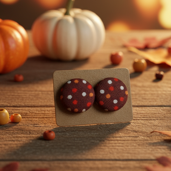 Autumn Polka Dot Fabric Button Stud Earrings (16mm)