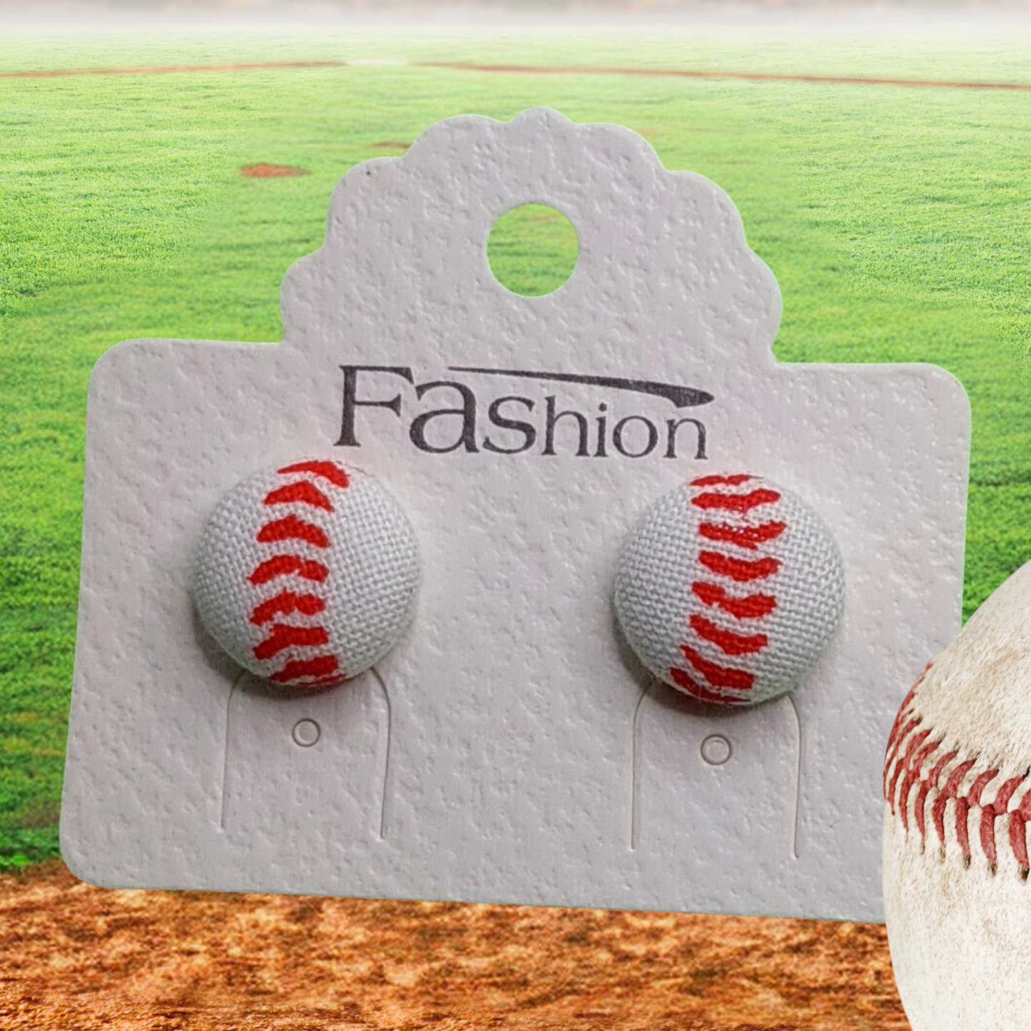 Baseball Fabric Button Earrings (13mm)