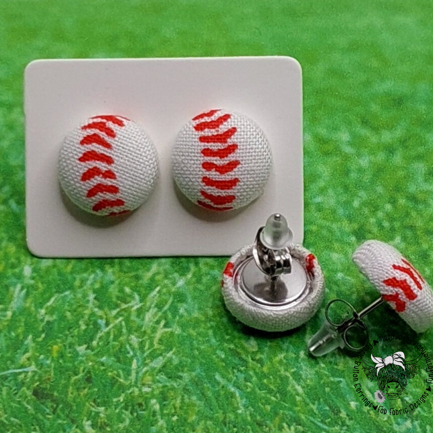 Baseball Fabric Button Earrings (13mm)