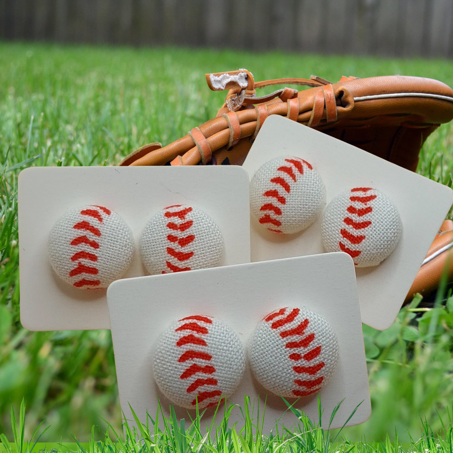 Baseball Fabric Button Earrings (13mm)