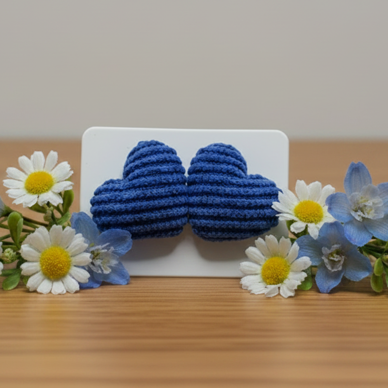 Blue Corduroy Heart Earrings (15mm)