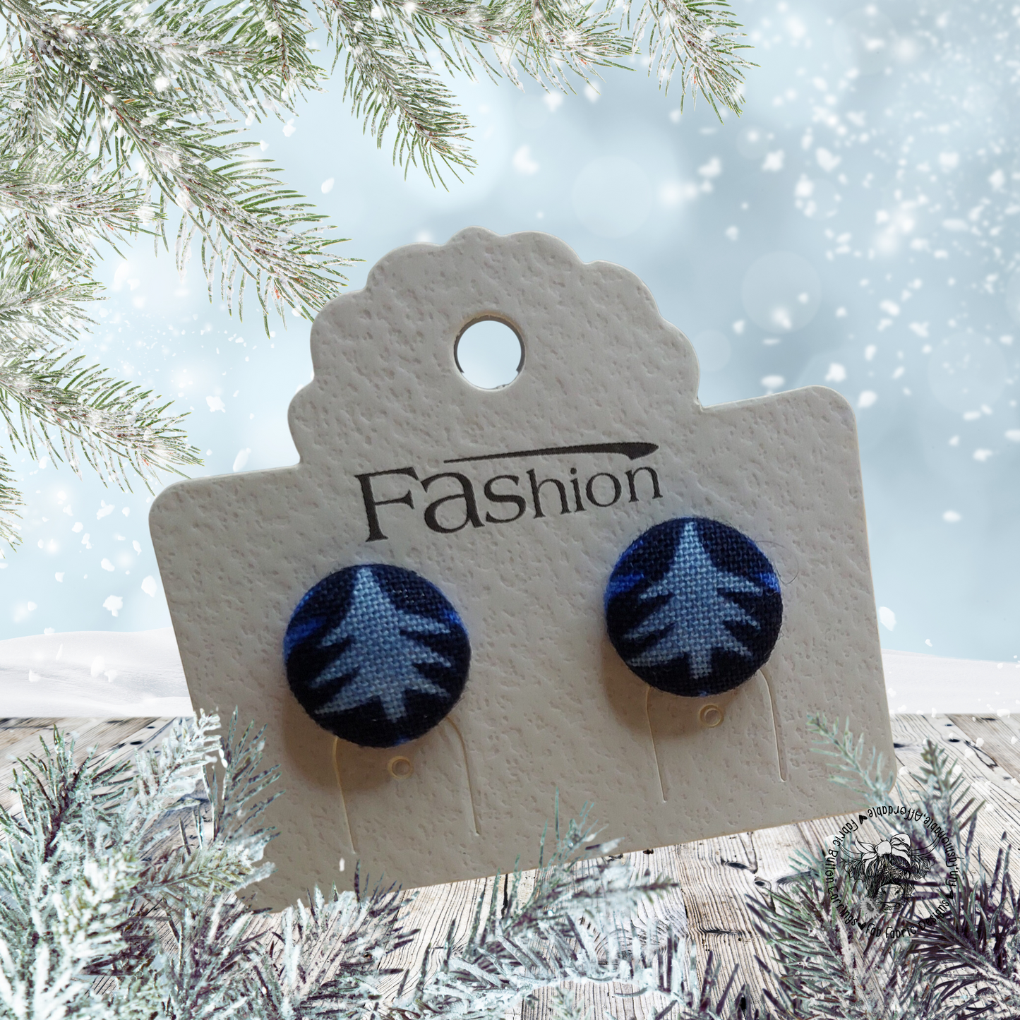 Blue Festive Firs Fabric Button Earrings (13mm)