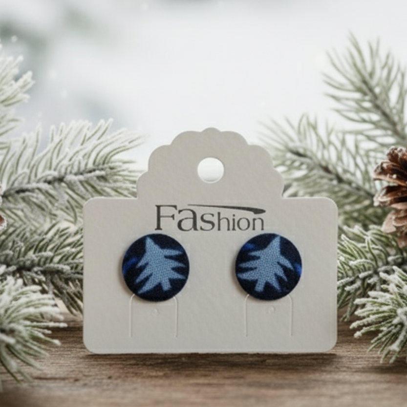 Blue Festive Firs Fabric Button Earrings (13mm)
