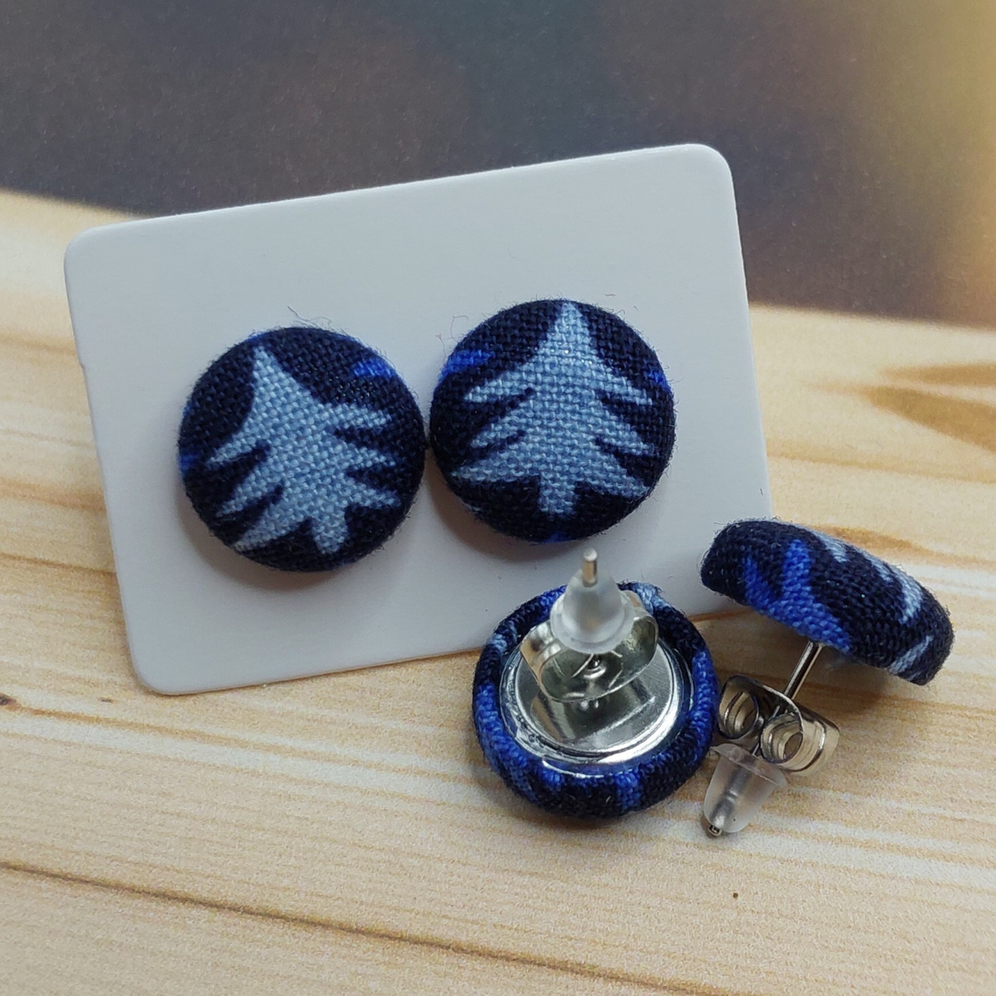 Blue Festive Firs Fabric Button Stud Earrings (13mm)