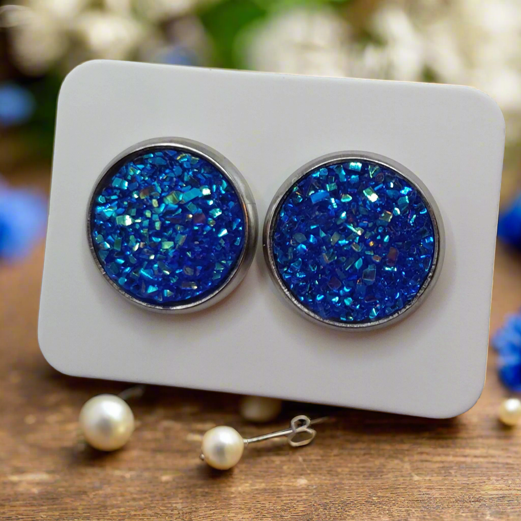 Blue Imitation Druzy Earrings (14mm)