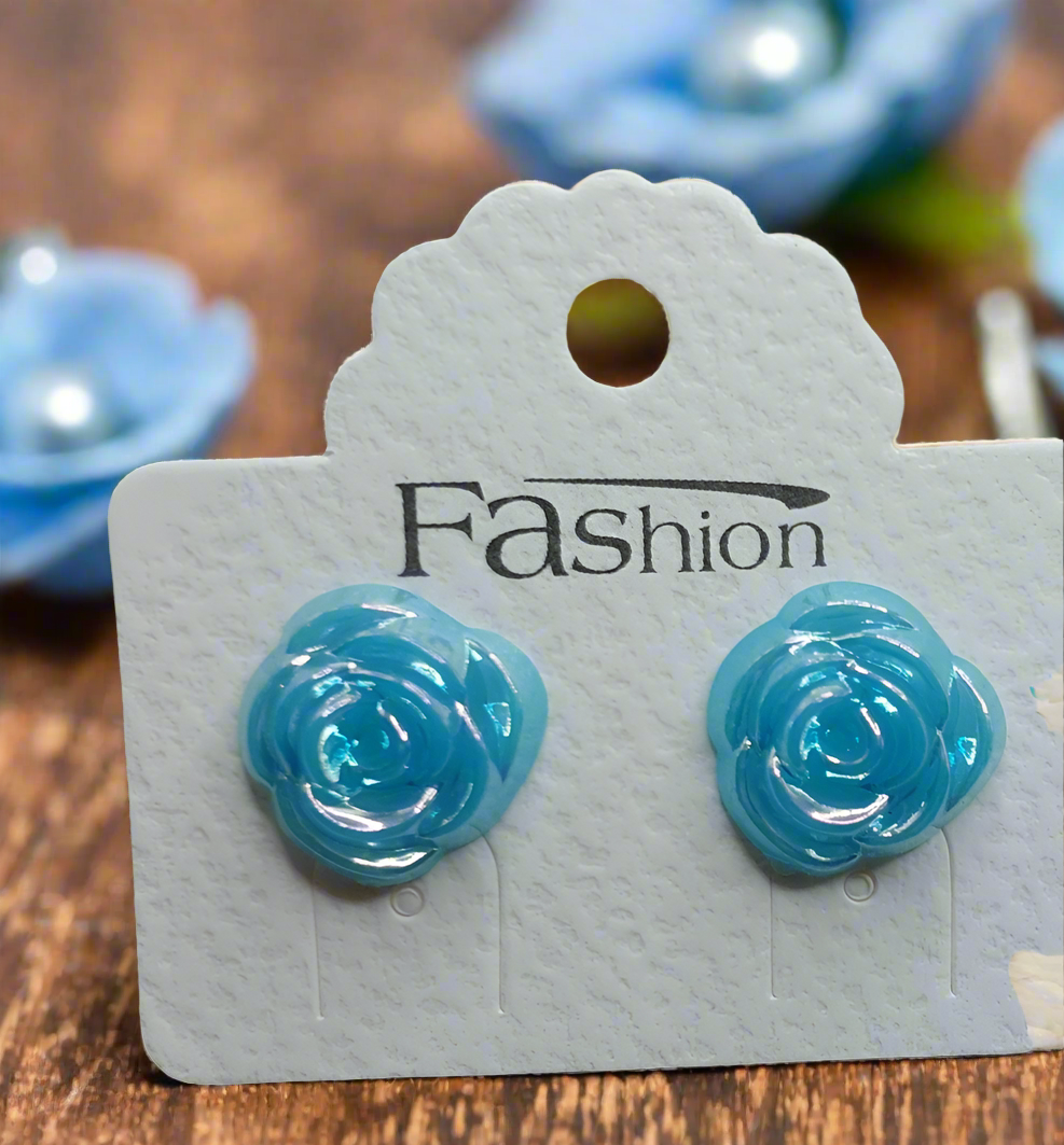 Blue Iridescent Flower Earrings (15mm)
