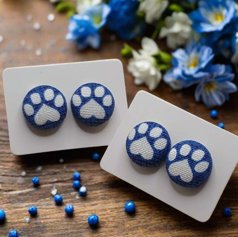 Blue Paw Print Fabric Button Earrings (13mm)