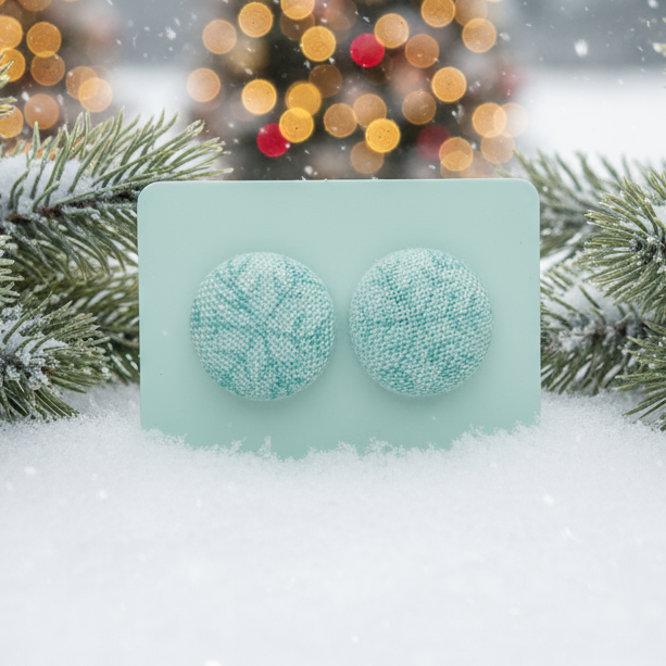 Blue Snowflakes Fabric Button Stud Earrings (13mm)