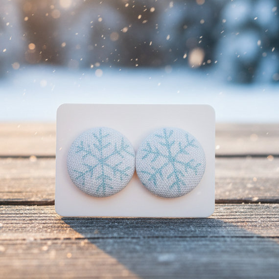 Blue Snowflakes Fabric Button Stud Earrings (16mm)