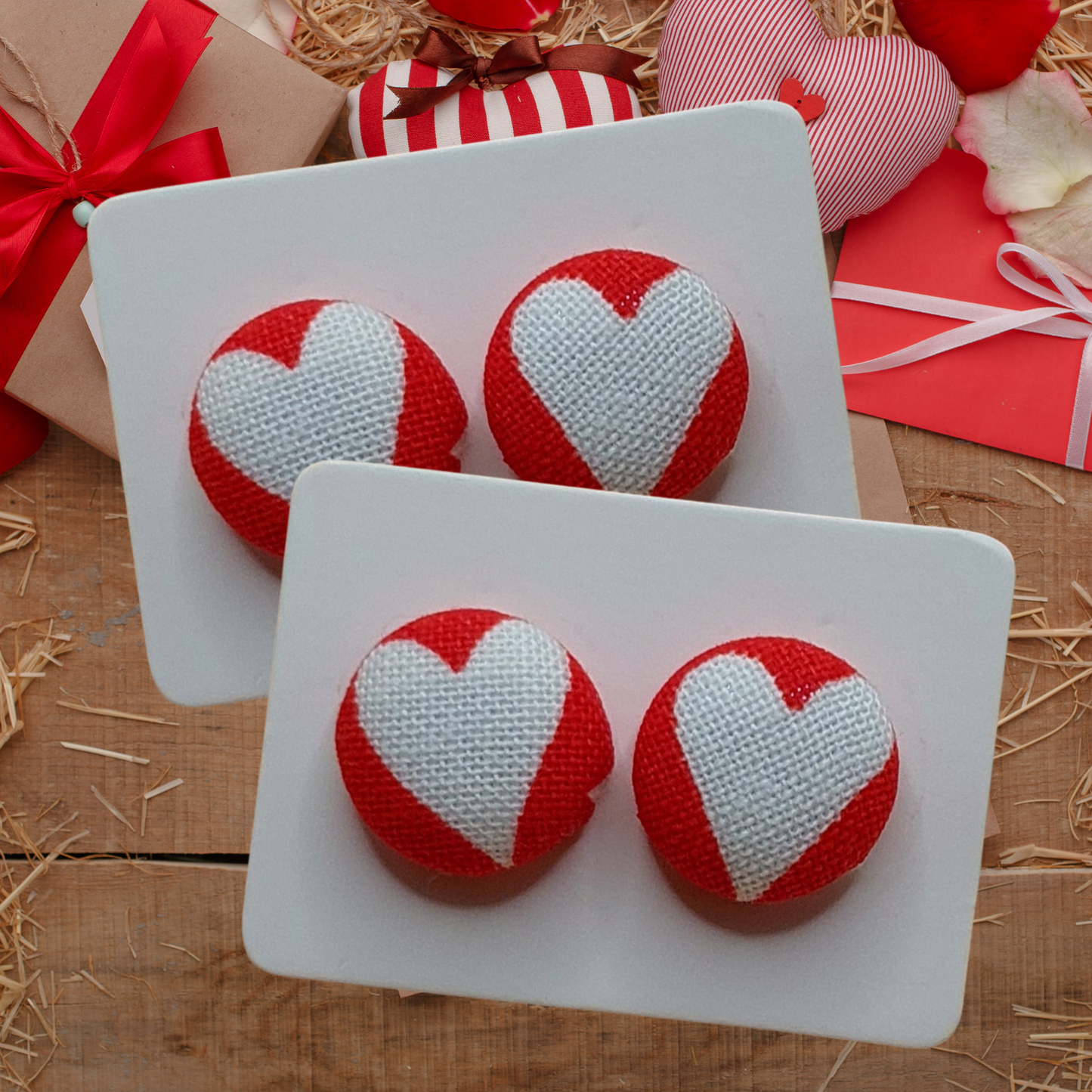 Bold Heart Fabric Button Stud Earrings (13mm)
