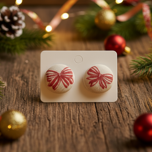 Bow Fabric Button Earrings (16mm)