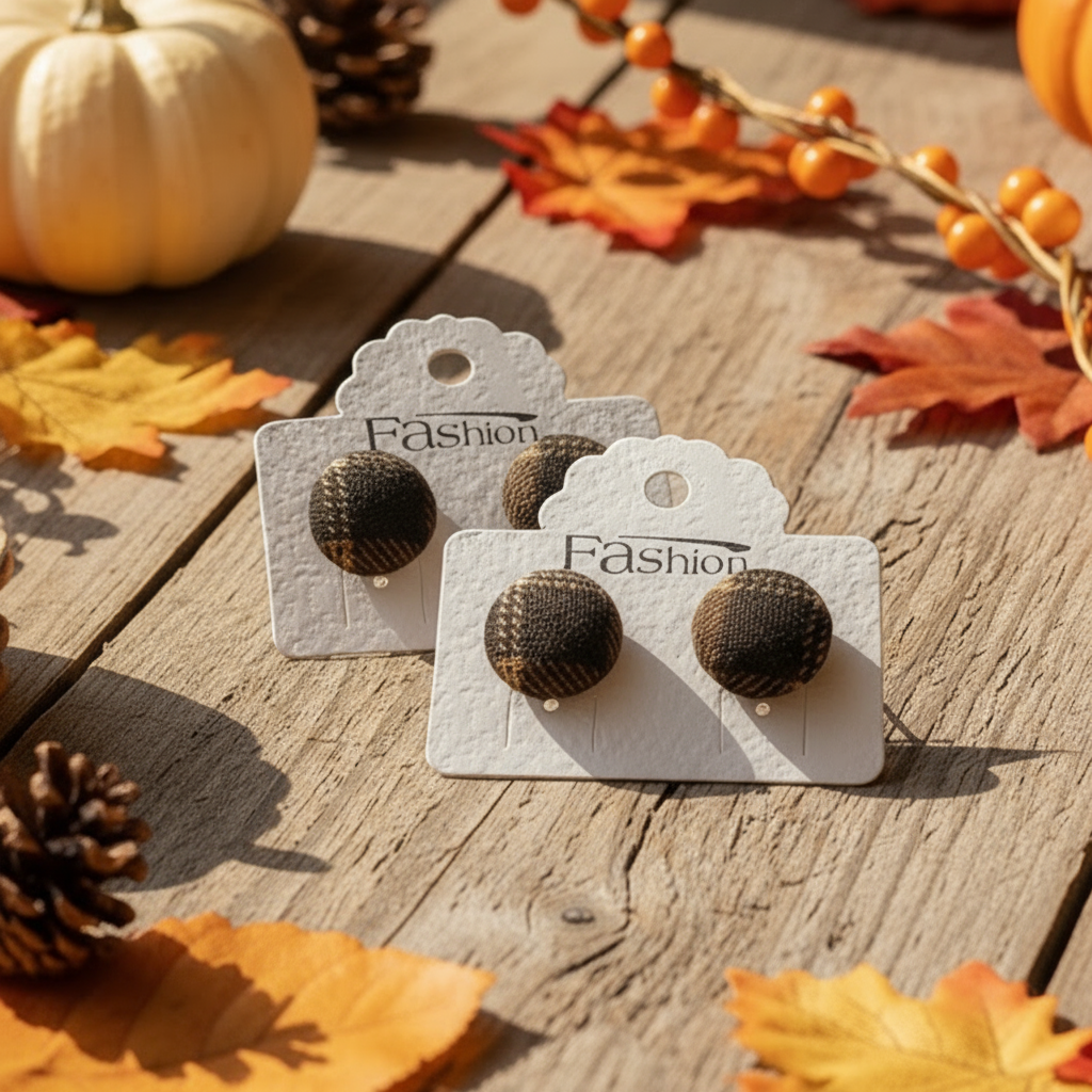 Brown Plaid Fabric Button Earrings (16mm)