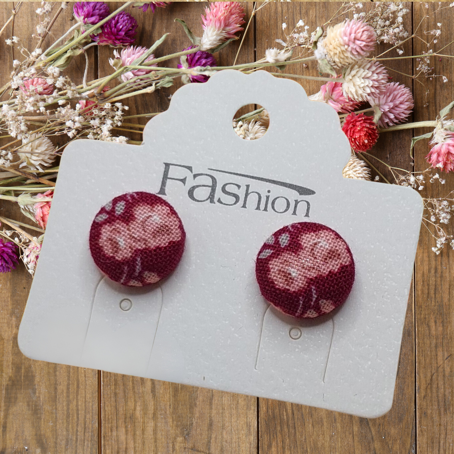 Burgundy Floral Fabric Button Stud Earrings (13mm)