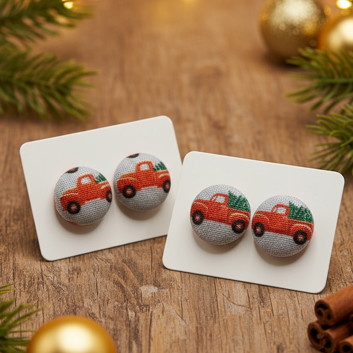 Christmas Red Truck Fabric Button Stud Earrings (13mm)