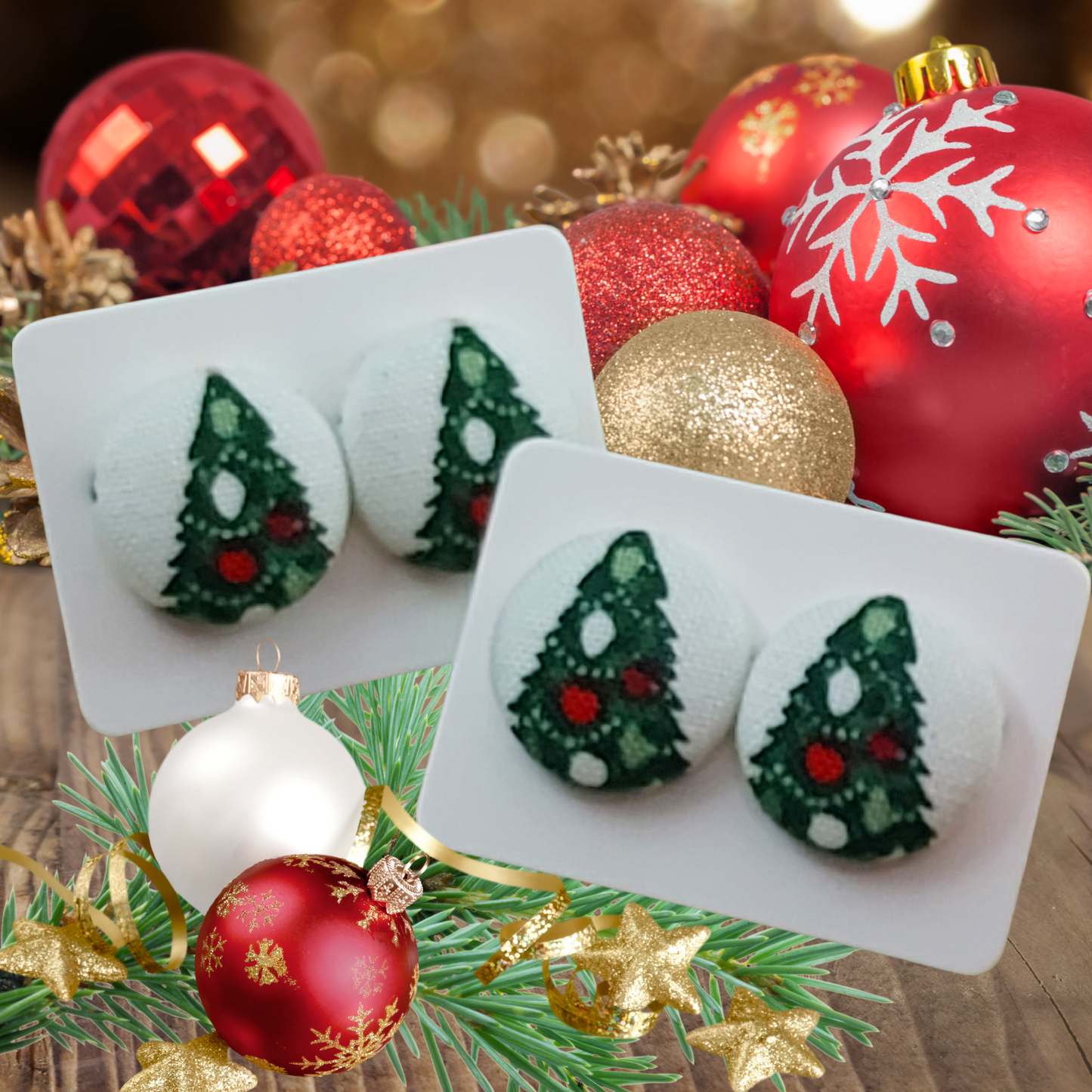 Christmas Traditions Fabric Button Stud Earrings (16mm)