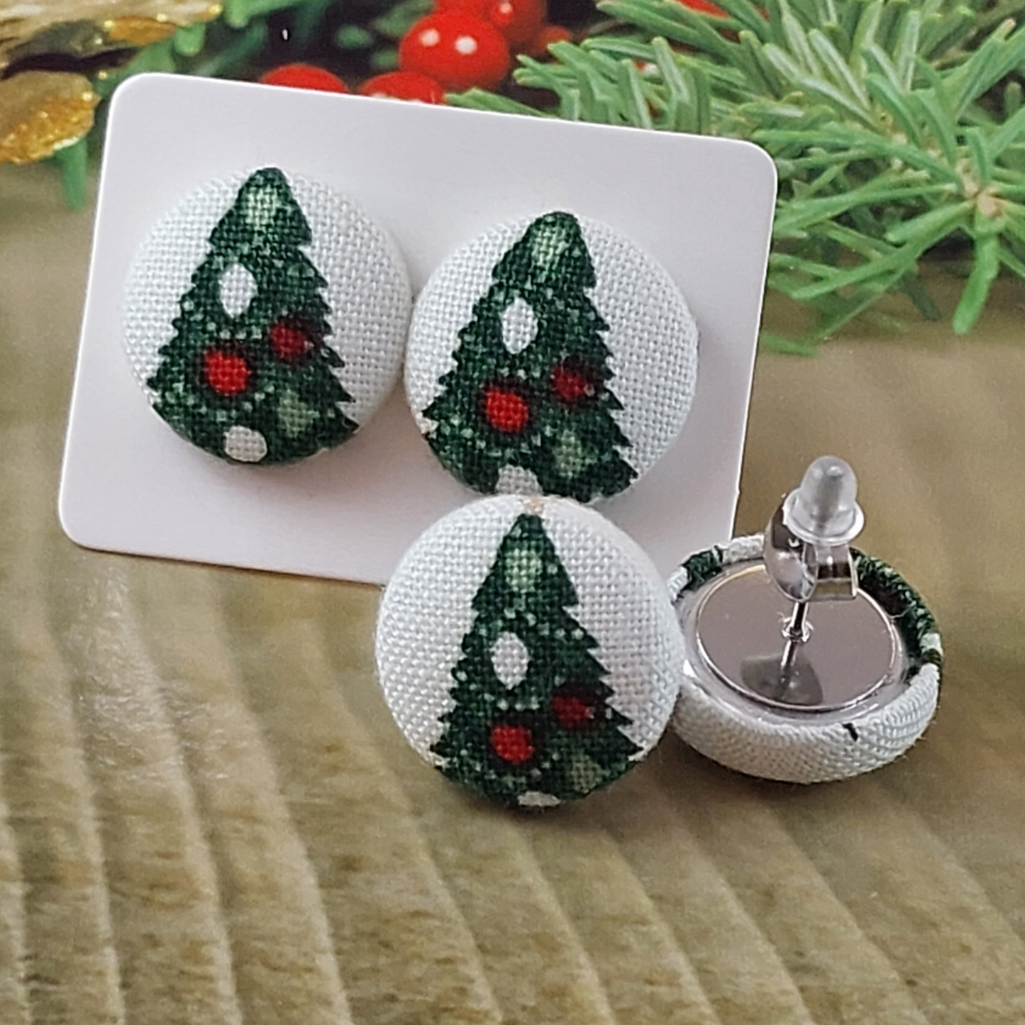 Christmas Traditions Fabric Button Stud Earrings (16mm)