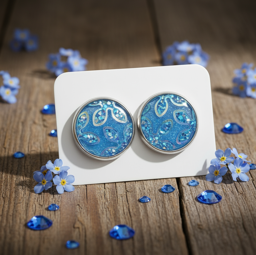 Cornflower Blue Floral Pattern Imitation Druzy Earrings (14mm)