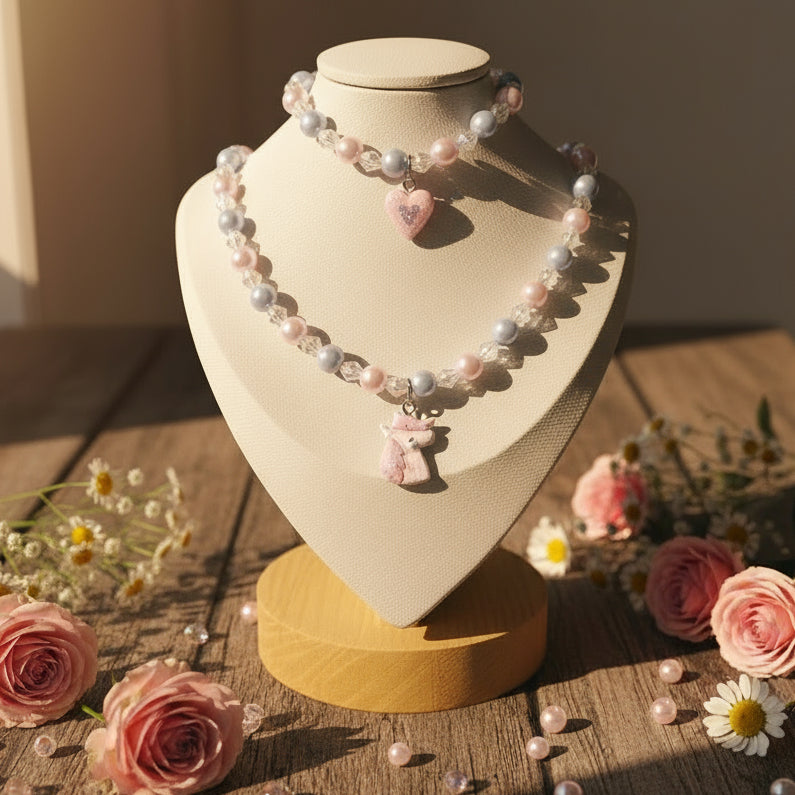 Kids Unicorn Beaded Stretch Necklace & Heart Charm Bracelet Set
