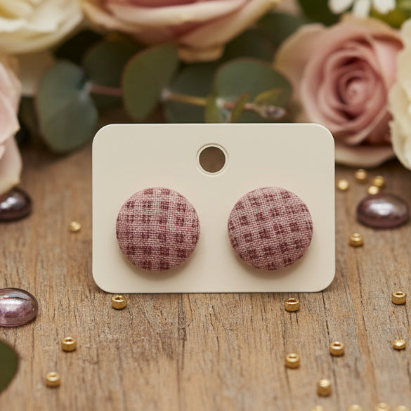 Gingham Fabric Button Earrings (16mm)