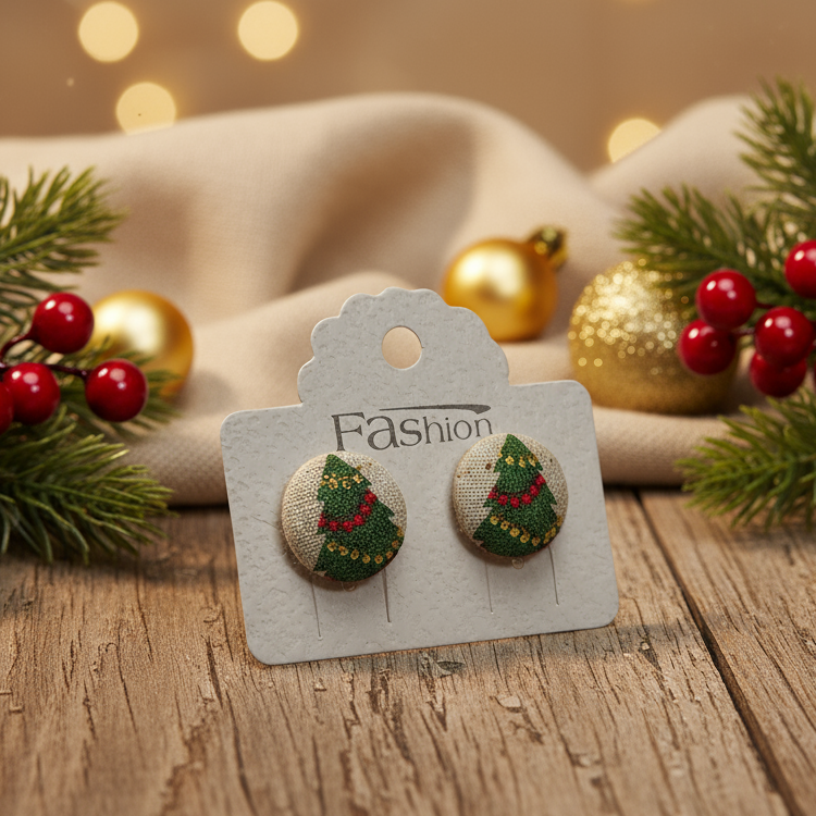 Glittery Christmas Trees Fabric Button Stud Earrings (16mm)