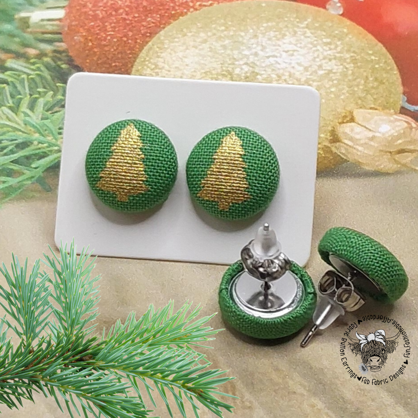 Gold Metallic Christmas Tree Fabric Button Stud Earrings (13mm)