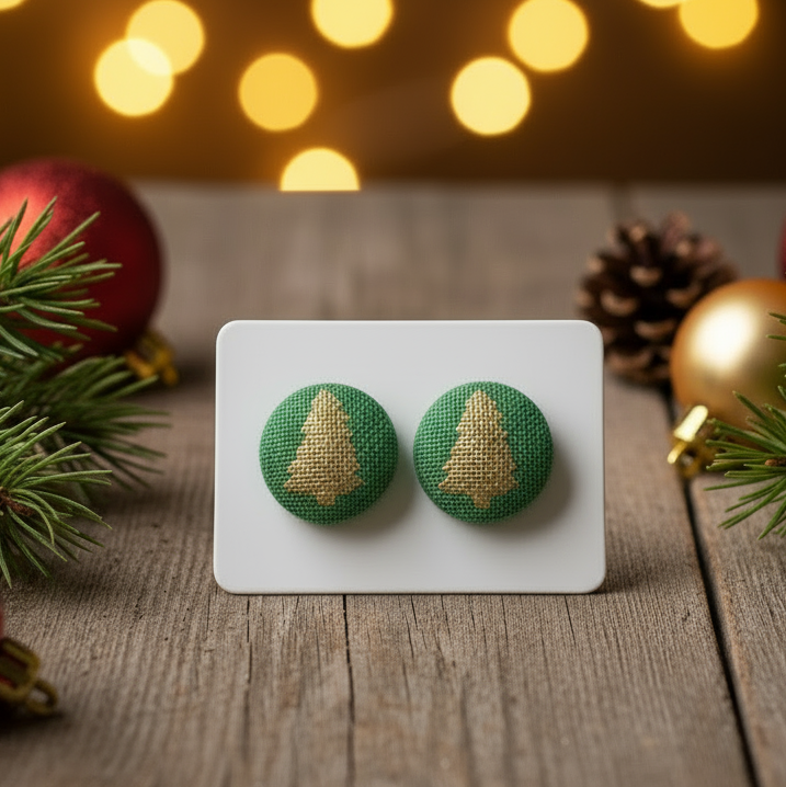 Gold Metallic Christmas Tree Fabric Button Earrings (13mm)