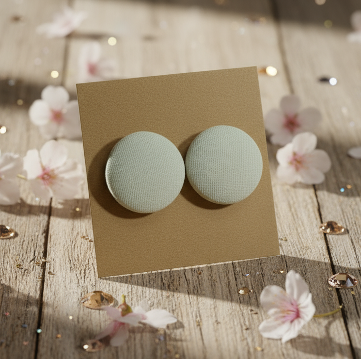 Ivory Chiffon Fabric Button Stud Earrings (16mm)