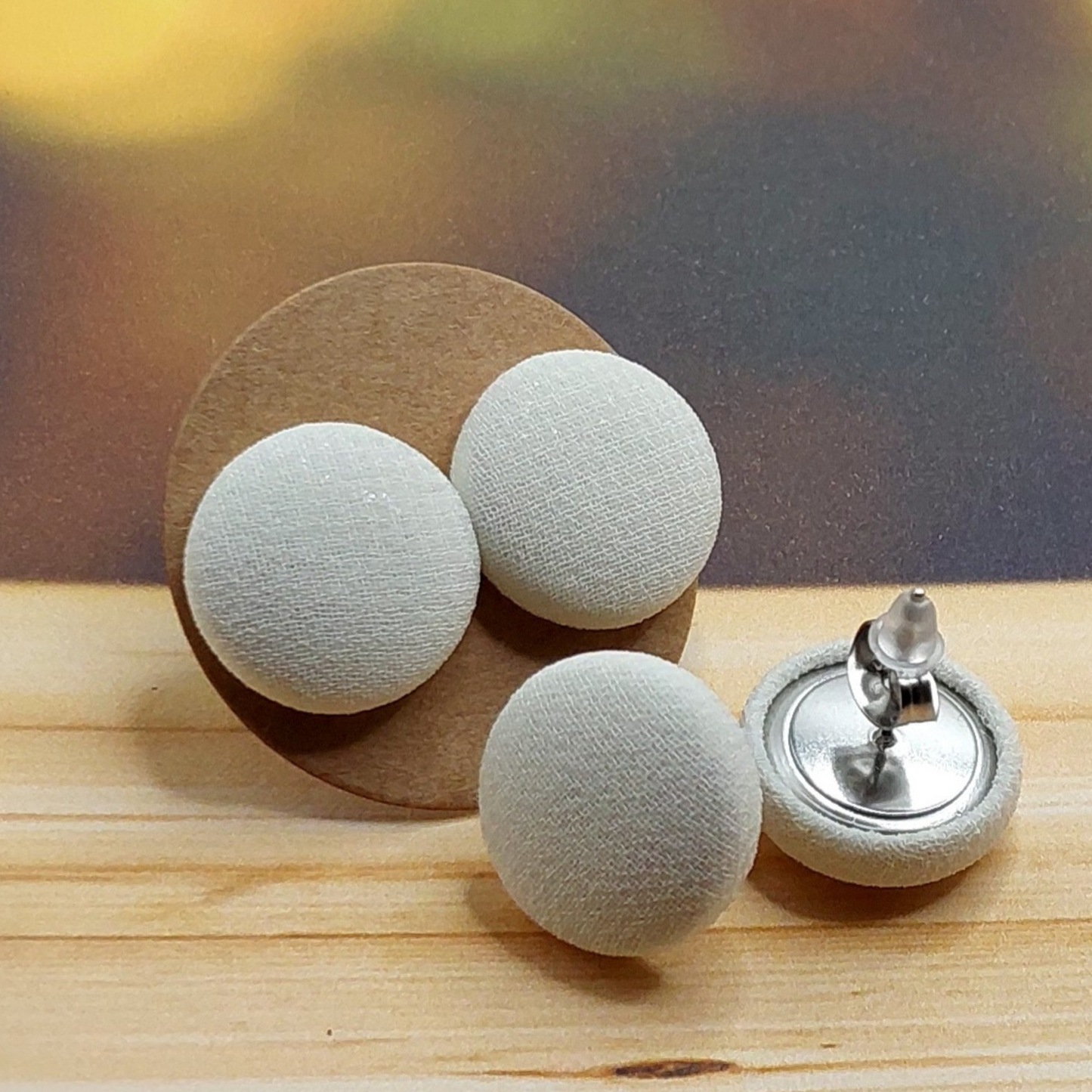 Ivory Chiffon Fabric Button Stud Earrings (16mm)