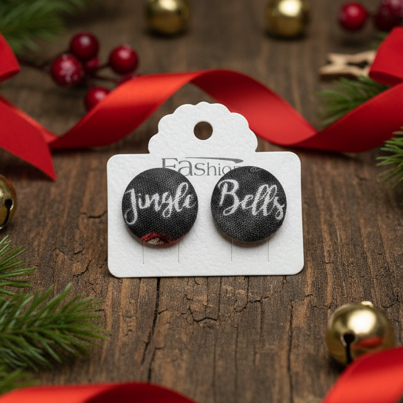 Jingle Bells Fabric Button Stud Earrings (19mm)
