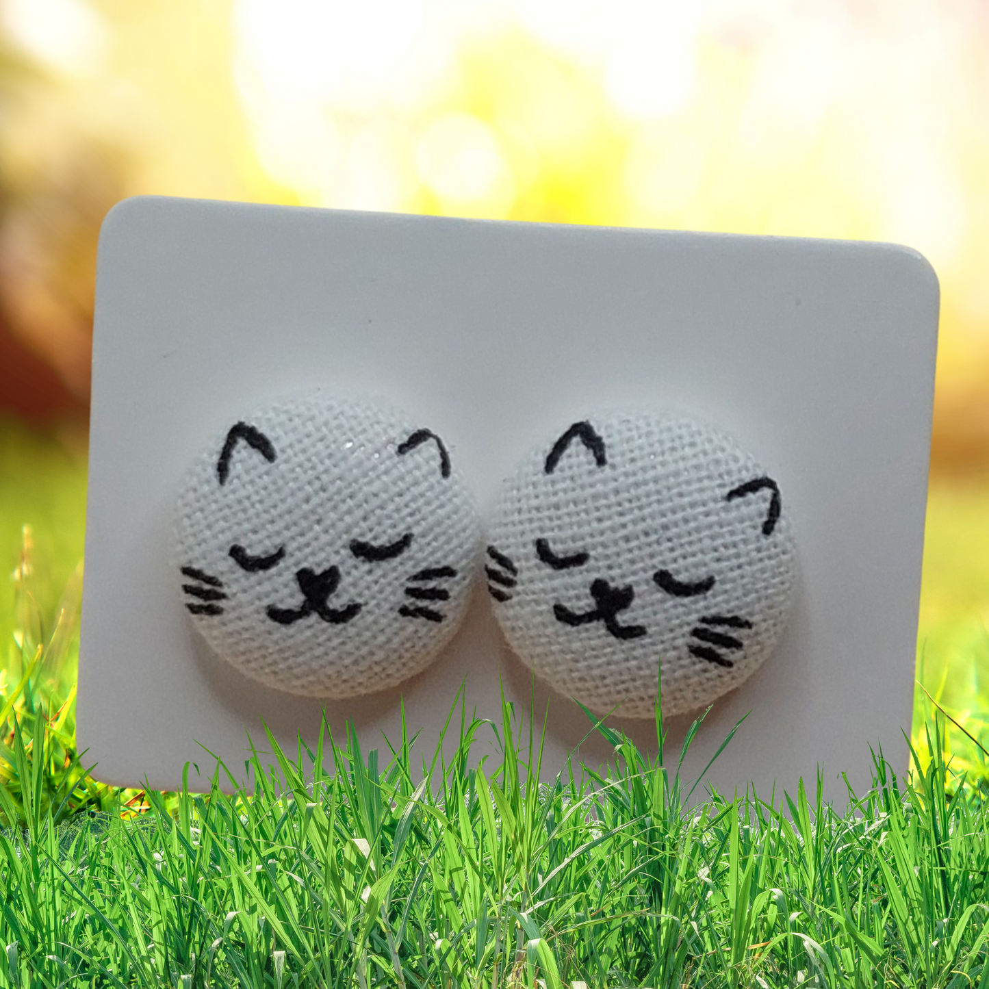 Kitty Face Fabric Button Earrings (13mm)