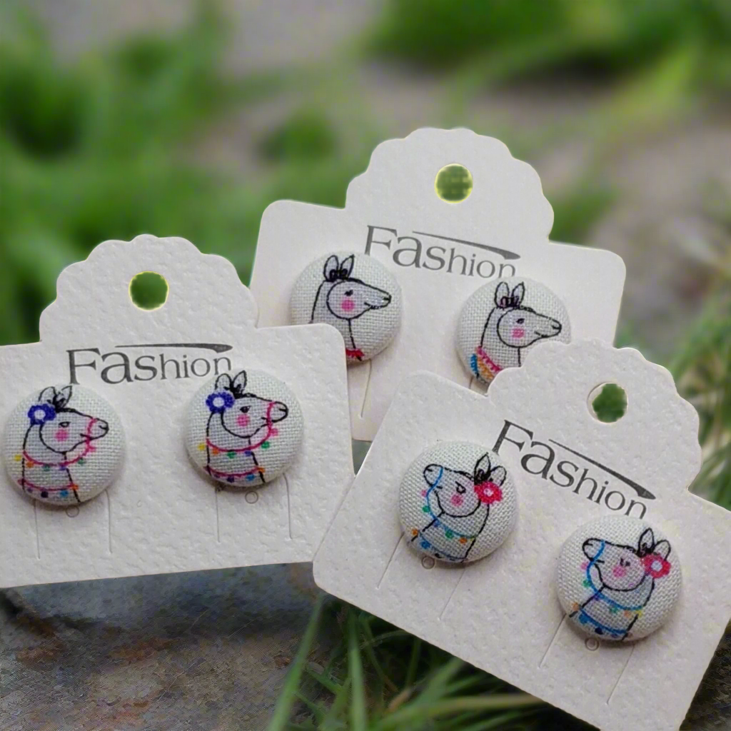 Llama Fabric Button Stud Earrings (16mm)