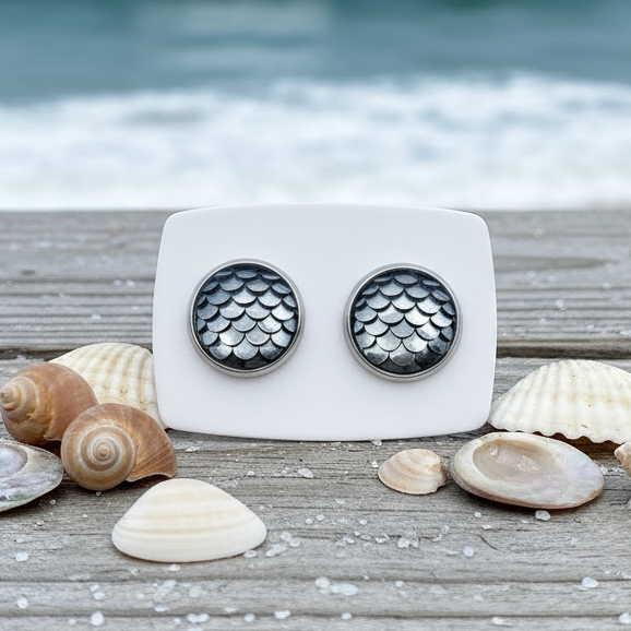 Gray Mermaid Pattern Earrings (14mm)