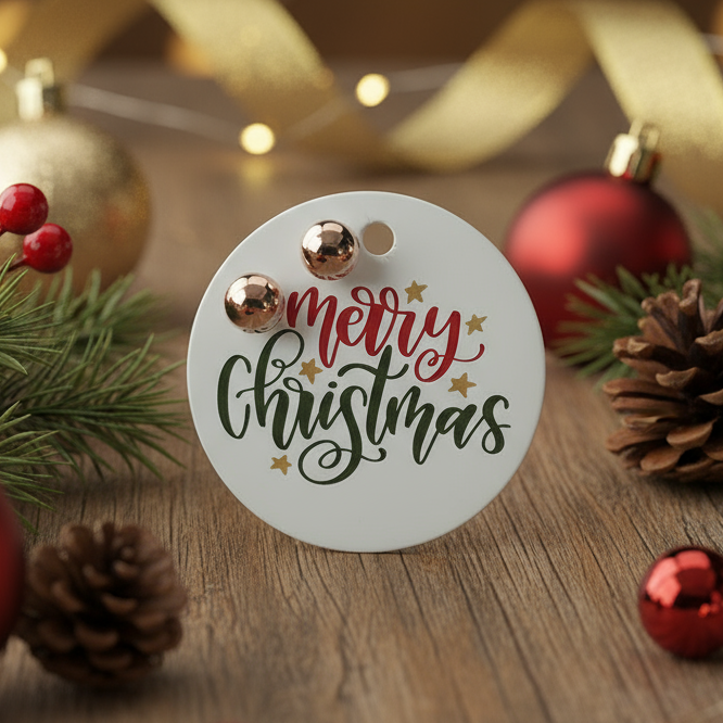 Merry Christmas Gift Tag with 8mm Golden Ball Stud Earrings