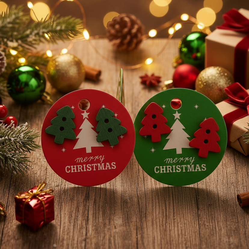 Merry Christmas Gift Tag with 13mm Wood Christmas Tree Button Earrings