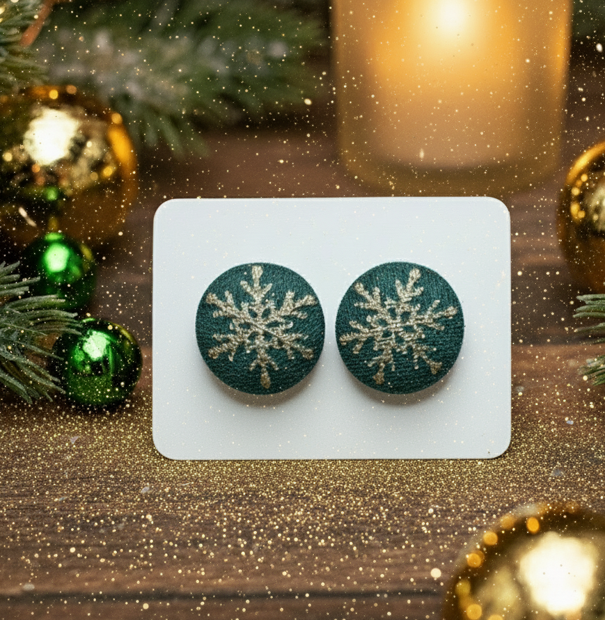 Metallic Snowflake Fabric Button Stud Earrings