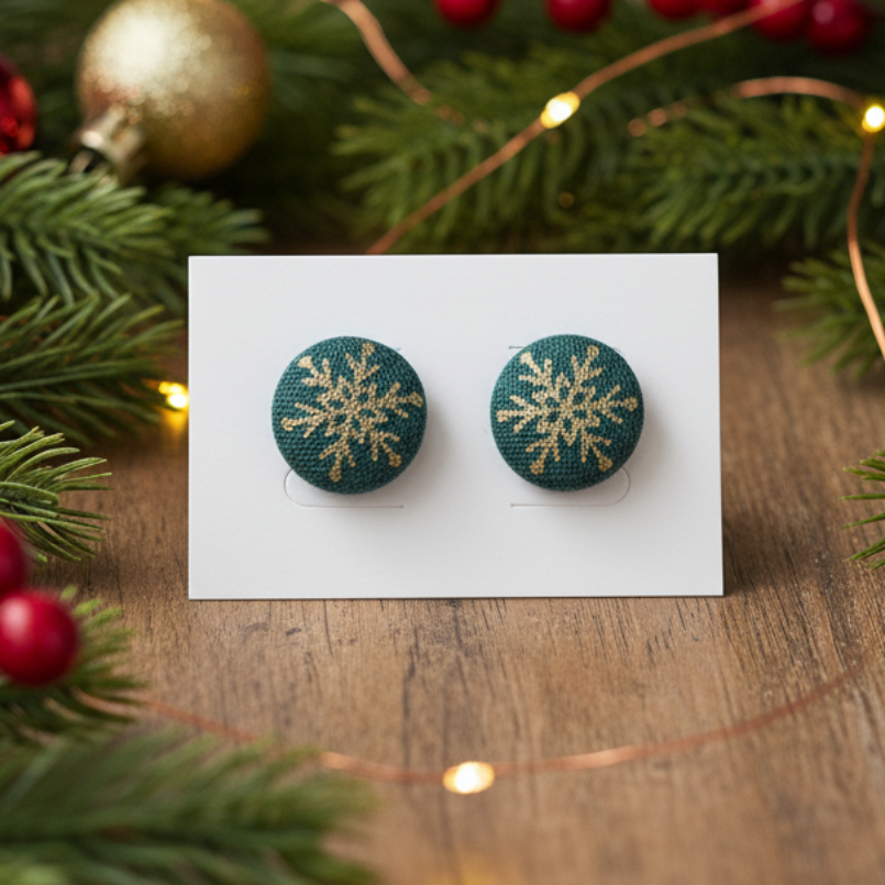 Metallic Snowflake Fabric Button Stud Earrings