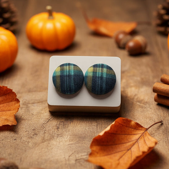 Navy-Green Plaid Fabric Button Earrings