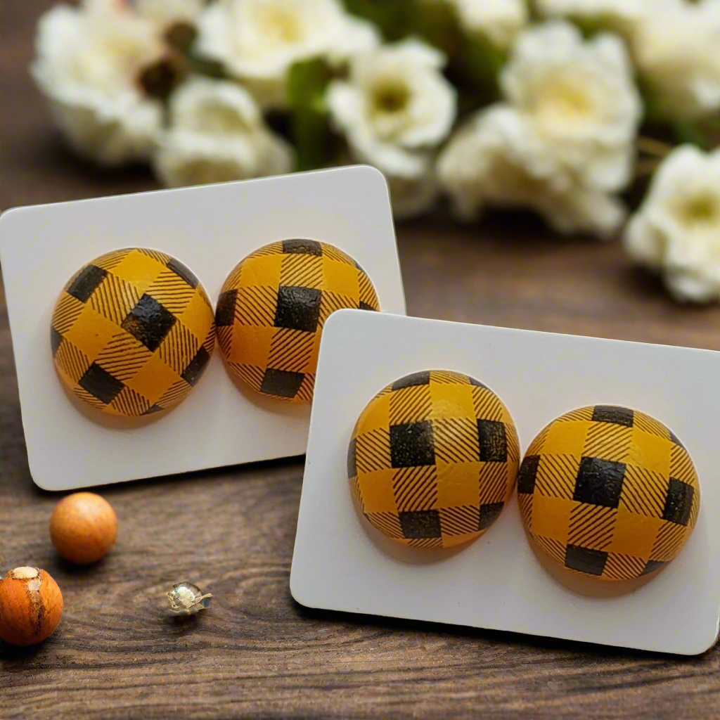 Orange & Black Plaid Wood Stud Earrings (15mm)