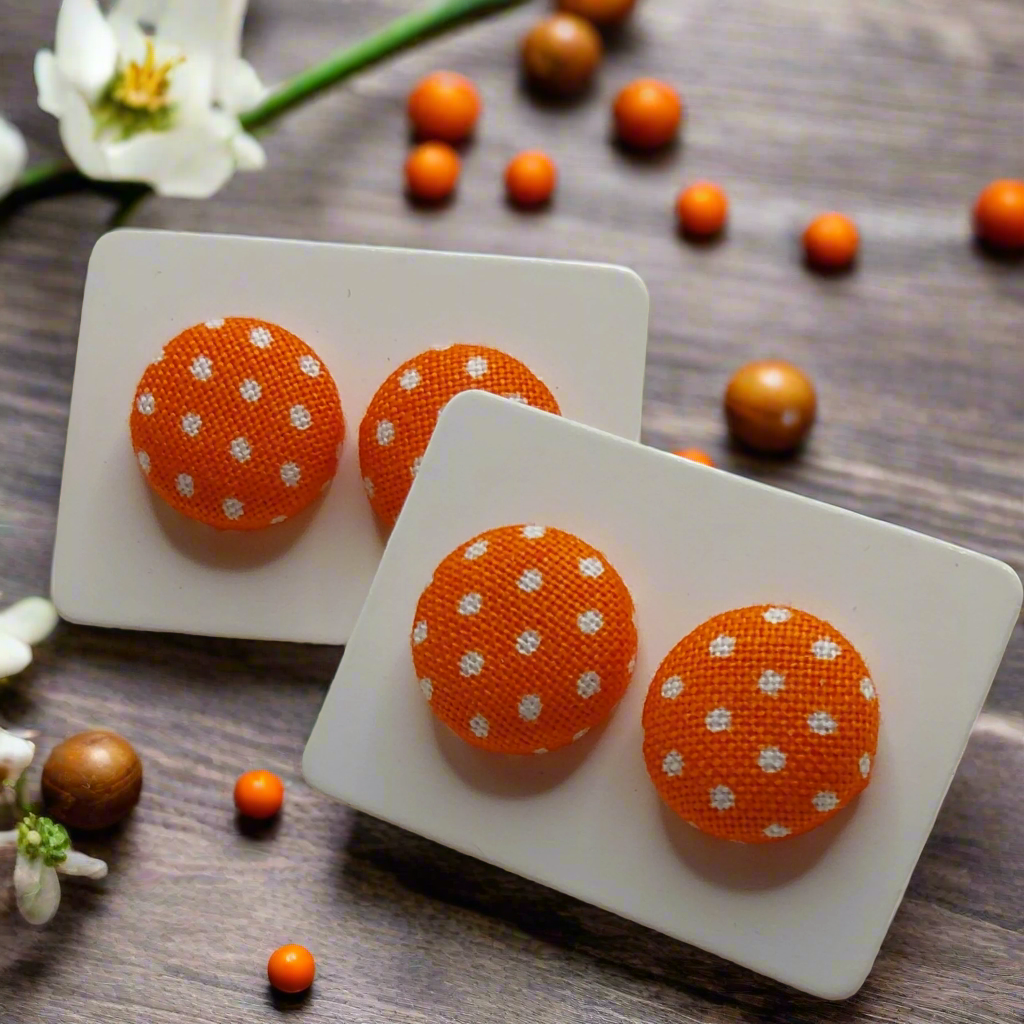 Orange & White Polka Dot Fabric Button Earrings (13mm)