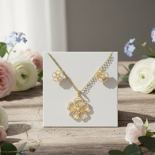 Stainless Steel Flower Necklace & Earring Set