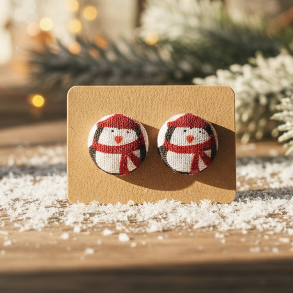 Penguin Fabric Button Stud Earrings (13mm)